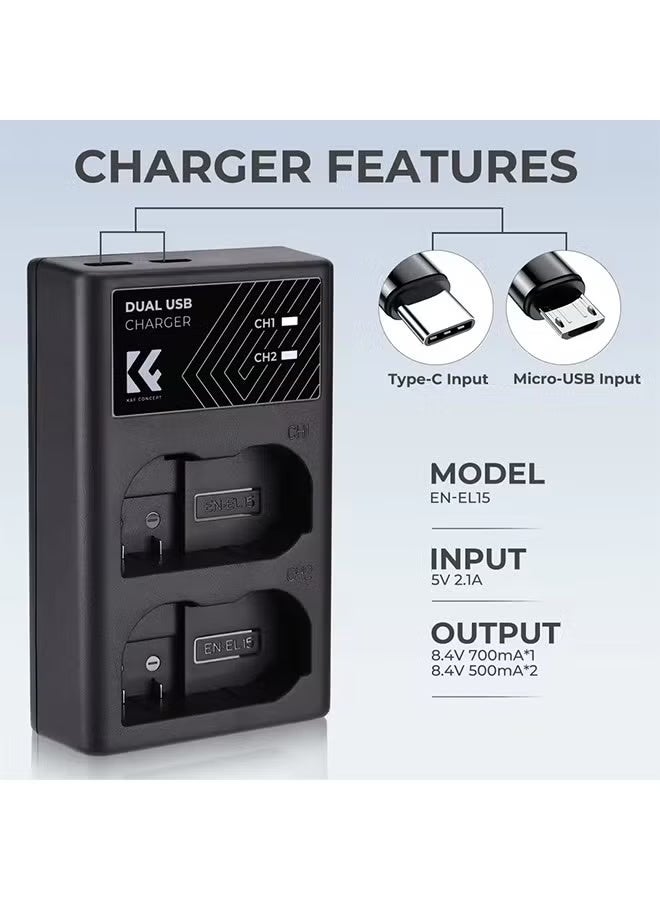 K&F Concept EN-EL15/EN-EL15A/EN-EL15B Battery Charger Dual Slot Quick Charger for Nikon D7000 D7100 D7200 D750 D850 Z7 V1 Camera - Image 3